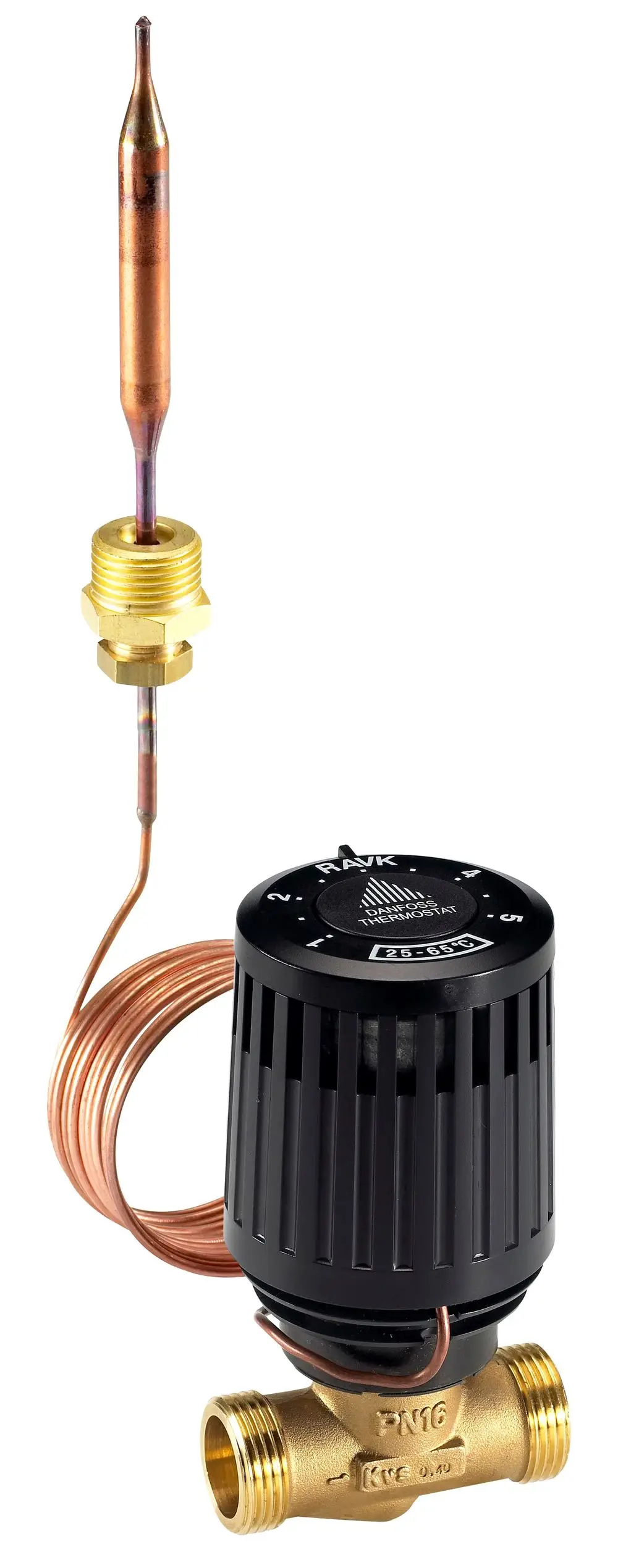 Thermostatventil von Danfoss mit einem runden Regler und einem Kupferrohr für die Temperaturregelung in Heizsystemen. Goldfarbener Anschluss mit Gewinde.